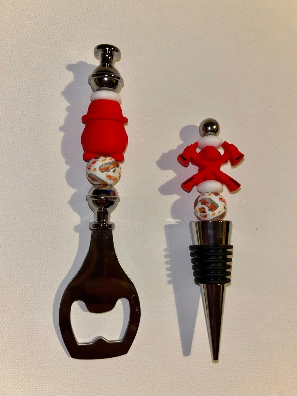 Red Firefighter-Themed Bottle Opener and Wine Stopper Set